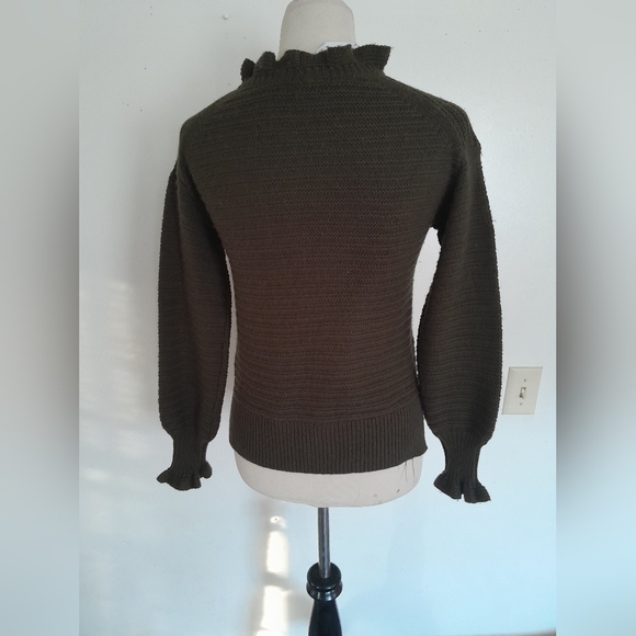 Madewell Olive Green Ruffle Mock Neck Sweater Ribbed Knit Lettuce Trim Pullover - Picture 5 of 12